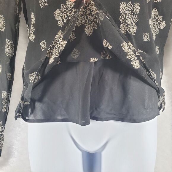 L Silk Bell Sleeve Surplice Wrap Blouse Babydoll Y2K 90s Style Sheer Top Shirt - Picture 10 of 10